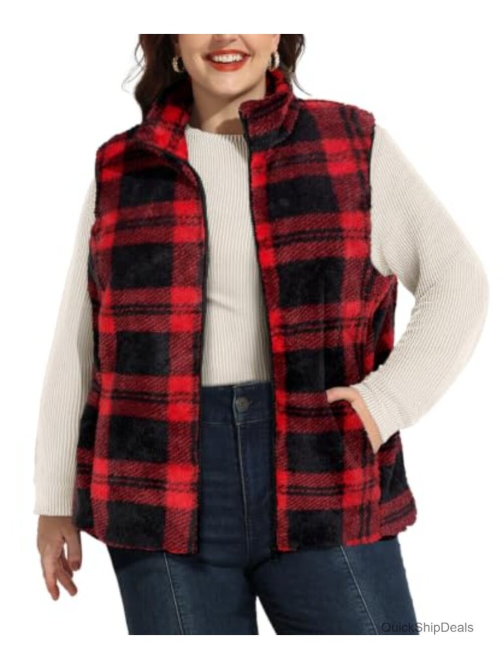 Plus Size Sherpa Fleece Vest Sleeveless Zip Up Stand Collar Outerwear